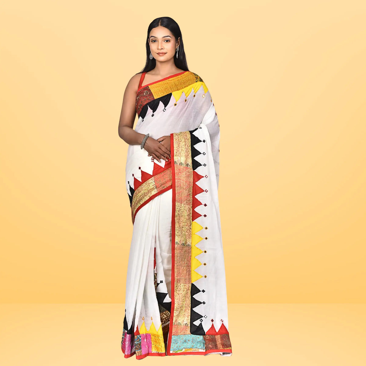 Handcrafted Nakshi Kantha Applique Saree in Premium Kerala Cotton White