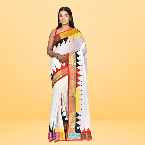 Handcrafted Nakshi Kantha Applique Saree in Premium Kerala Cotton White